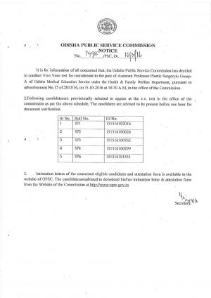 OPSC Issued Viva Voce Test Schedule for Asst Professor (Plastic Surgery in Group A) Posts 2016