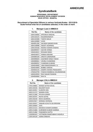 Syndicate Bank Declared Specialist Officer Posts Result 2016
