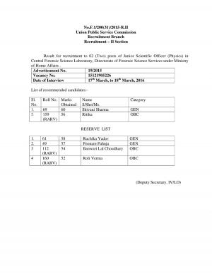 UPSC Declared Result of Interview for Jr. Scientific Officer (Physics) Posts 