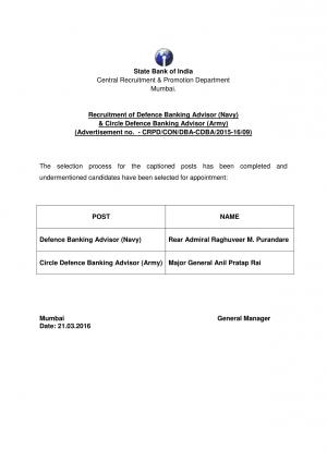 SBI Declared Final Result for Defence and Circle Defence Banking Advisor Posts 2016