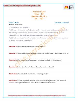 CBSE Class 11 Physics Practice Paper Set ‒ VIII