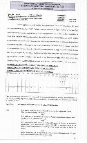 HSSC Recruitment 2016 for 189 Trained Graduate Teachers (TGTs) Posts 
