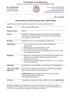 University of Hyderabad Recruitment 2016 for Junior Research Fellow Post