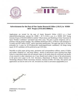 IIT (BHU), Varanasi Recruitment 2016 for Junior Research Fellow Post