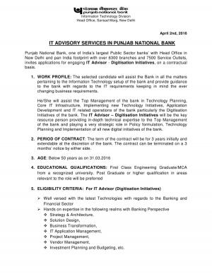 Punjab National Bank Invited Applications for IT Advisory Services, Apply by 11 April 2016
