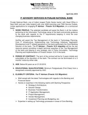 Punjab National Bank Invited Applications for IT Advisory Services, Apply by 11 April 2016 1