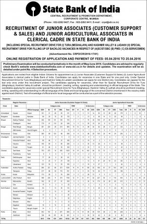 SBI Recruitment 2016 for 15431 JA & JAA Posts in Clerical Cadre, Apply from 05 April at sbi.co.in