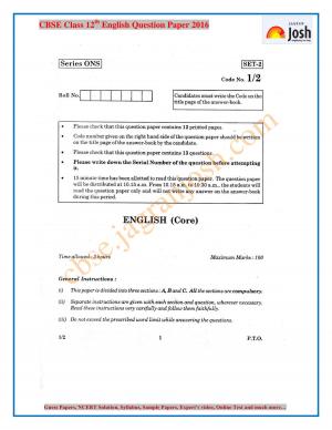 CBSE Class 12 English Question Paper (All India) 2016