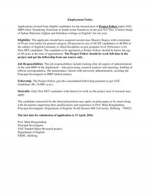 NEHU Recruitment 2016 for Project Fellow Post