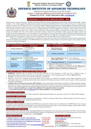Defence Institute of Advanced Technology Notified Admission for M. Tech Programmes 2016
