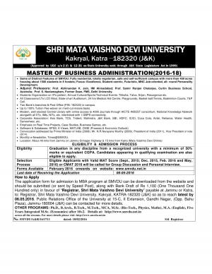 SMVD University Notified Admission in Master of Business Administration Course 2016-18