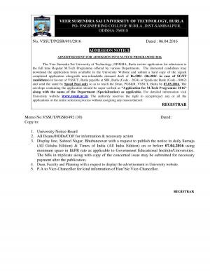VSSUT Notified Admission in M. Tech Programme 2016