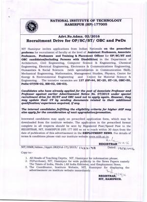 NIT Hamirpur Recruitment 2016 for 137 Teaching Posts, Apply Latest by 08 May 