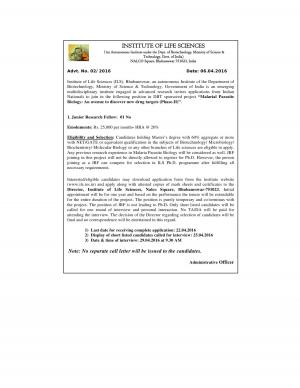 Institute of Life Sciences Bhubaneswar Recruitment 2016 for JRF Post