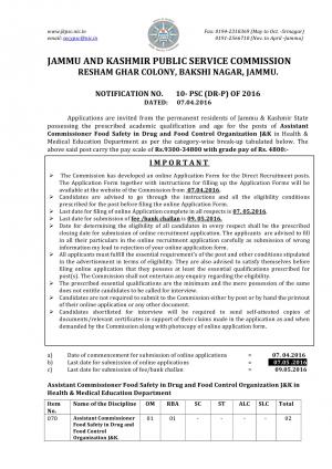 JKPSC Recruitment 2016 for the 02 Assistant Commissioner Posts