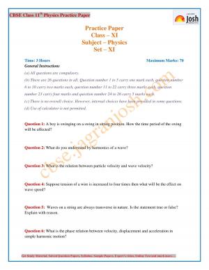 CBSE Class 11 Physics Practice Paper Set ‒ XI