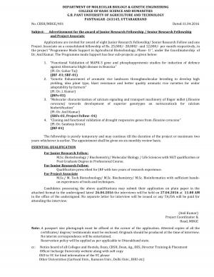 GBPUAT Recruitment 2016 for 09 JRF, SRF & Project Fellow Posts 