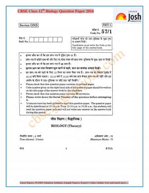 CBSE Class 12 Biology Question Paper (All India) 2016