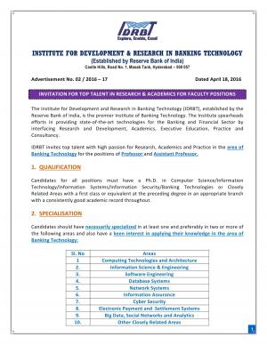 IDRBT Recruitment for 05 Faculty Posts, Apply by 20 May 2016