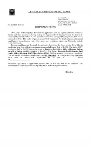 Devi Ahilya Vishwavidyalaya, Indore Recruitment 2016 for 178 Teaching and Non-Teaching Posts