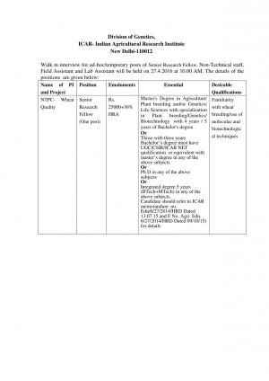 ICAR-IARI Recruitment 2016 for 04 Senior Research Fellow and Other Posts