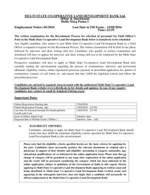 Multi State Co-Operative LDB, Bihar & Jharkhand Recruitment 2016 for Field Officer Post