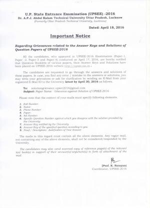 UPSEE 2016: Notice regarding grievances related to the Answer Keys and Solution of Question Paper