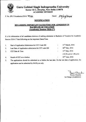 Guru Gobind Singh Indraprastha University Admission for Bachelor of Vocational Programme 2016-17