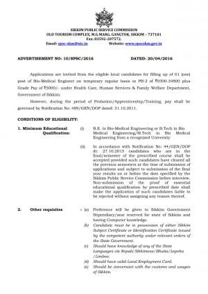 Sikkim Public Service Commission Recruitment 2016 for Bio-Medical Engineer Post