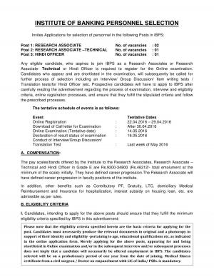 IBPS Recruitment 2016 for 04 Research Associate and Hindi Officer Posts