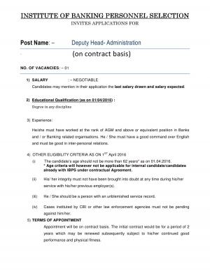 IBPS Recruitment 2016 for Deputy Head- Administration Post, Apply by 05 May