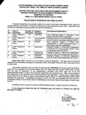 Ministry of Defence Recruitment 2016 for 08 Junior Research Fellow (JRF) Posts