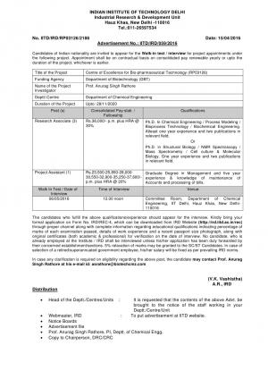 IRD-IITD Recruitment 2016 for 04 Research Associate and Project Assistant Posts