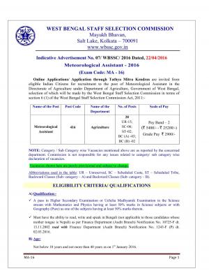 WBSSC Recruitment 2016 for 28 Meteorological Assistant Posts