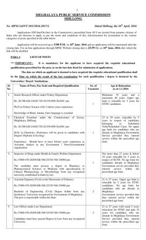 Meghalaya Public Service Commission Recruitment 2016 for 378 Various Posts
