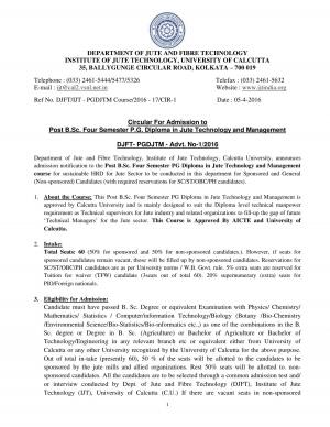 University of Calcutta Notified Admission for B.Sc. 02 Years P.G. Diploma Course 2016