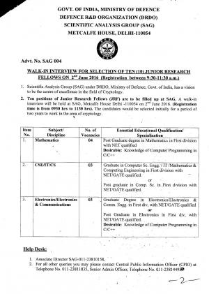 DRDO Recruitment 2016 for 10 JRF Posts, Interview on 02 June