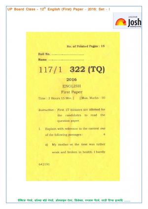 UP Board Class 12 English First Question Paper Set‒1 2016