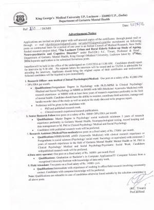 King George’s Medical University UP, Lucknow Recruitment 2016 for 08 Research Officer and other Posts