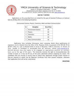YMCAUST, Faridabad Recruitment 2016 for 15 Assistant Professor Posts