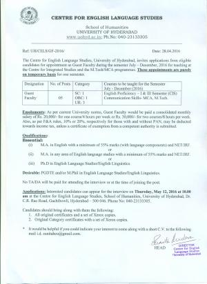 Centre for English Language Studies, UOHYD Recruitment 2016 for 05 Guest Faculty Posts