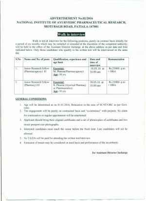 NIAPR Recruitment 2016 for 04 Junior Research Fellow Posts