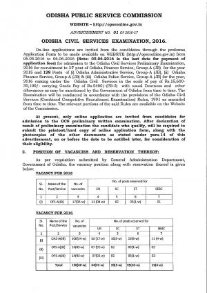 OPSC Odisha Civil Services Examination 2016: Notification 