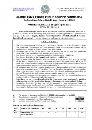 JKPSC Recruitment 2016 for 02 Deputy Medical Superintendent Posts