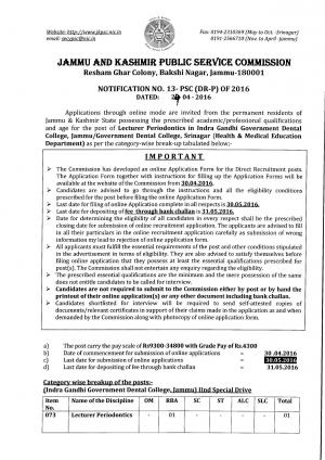 JKPSC Recruitment 2016 for 03 Lecturer Posts, Apply by 30 May
