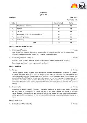 CBSE Class 12 Mathematics Syllabus 2016 – 2017 