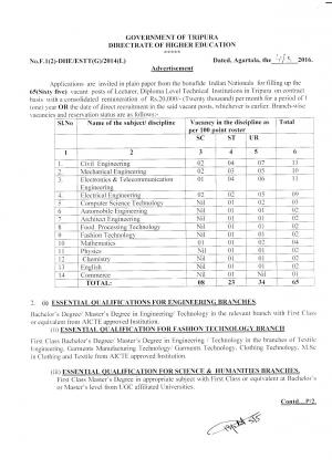 Directorate of Higher Education, Tripura Recruitment 2016 for 65 Lecturer Posts
