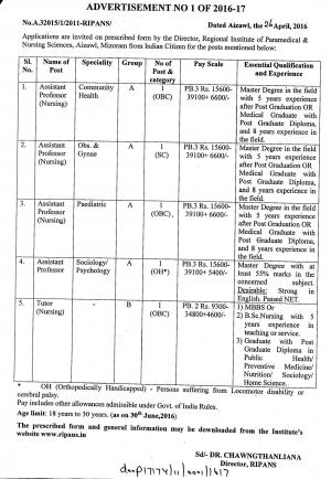 RIPANS Recruitment 2016 for 05 Assistant Professor and Tutor Posts