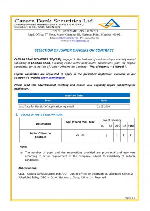 Canara Bank Securities Ltd. Recruitment 2016 for 03 Junior Officer Posts