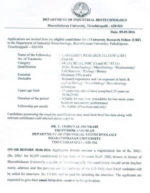 Bharathidasan University, Tiruchirappalli Recruitment 2016 for 04 URF Posts